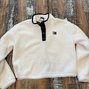 Tommy Hilfiger Large White Cropped Sherpa Faux Fur Henley Pullover Sweater NWT